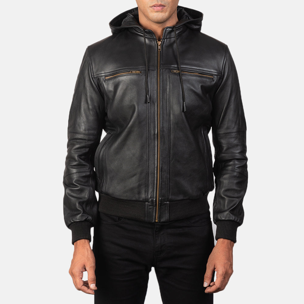BouncerBiz Black Leather Bomber Jacket - Image 5