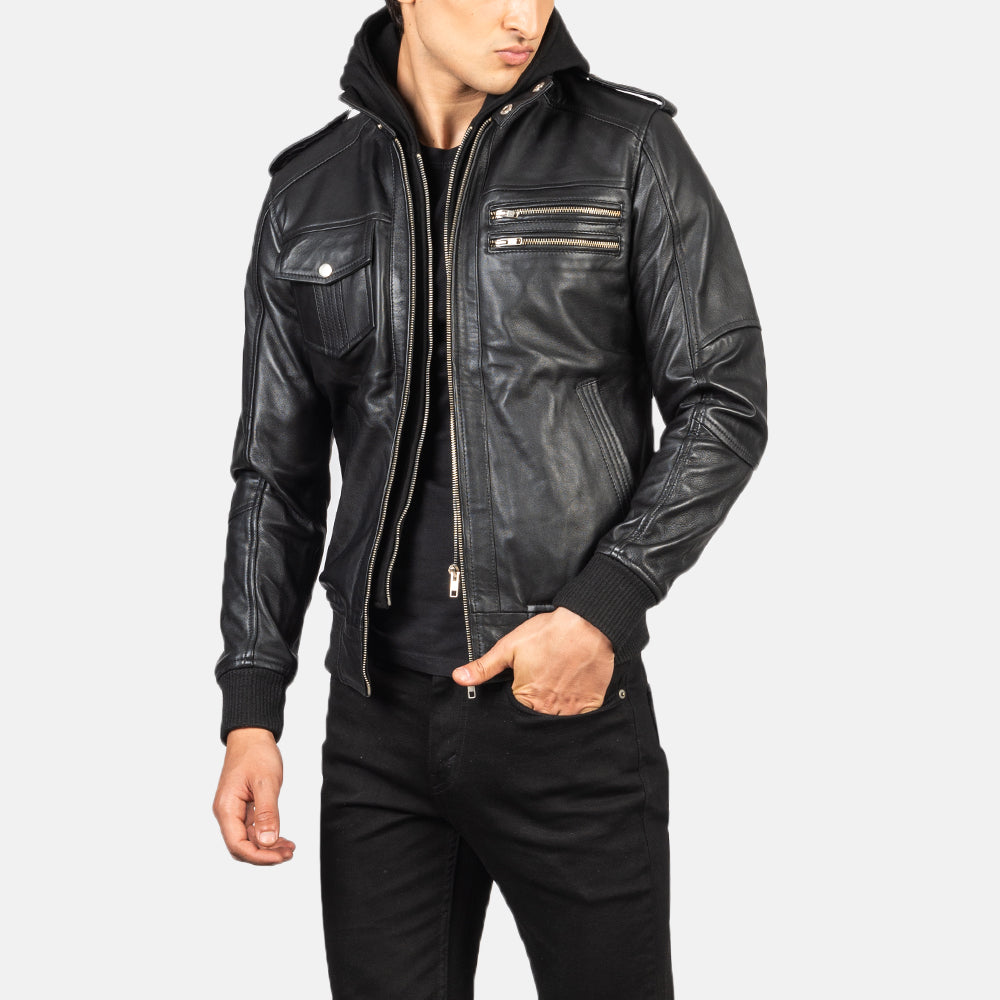 Bravado Hooded Leather Bomber Jacket - Image 6