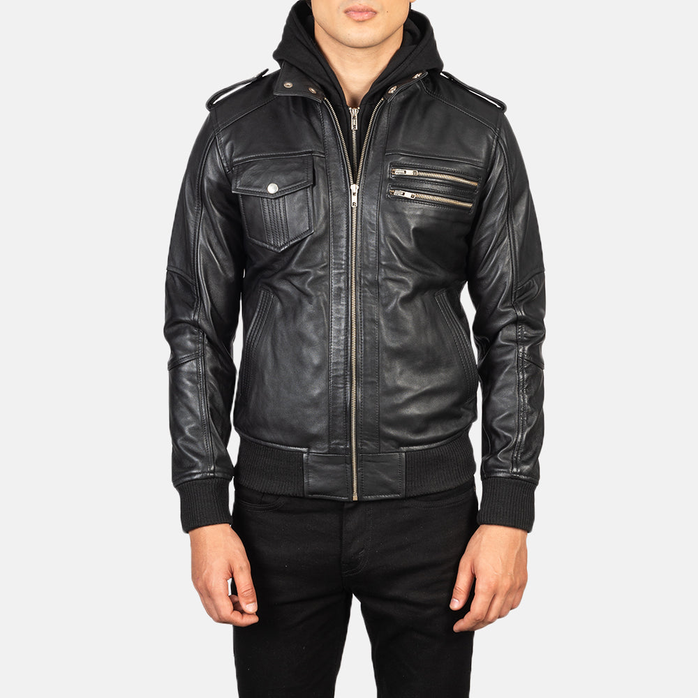Bravado Hooded Leather Bomber Jacket - Image 3