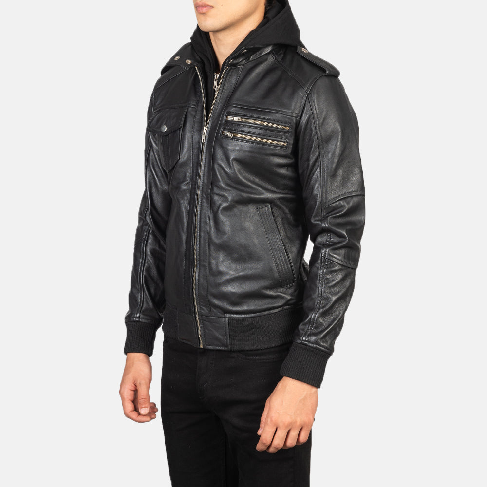 Bravado Hooded Leather Bomber Jacket - Image 4