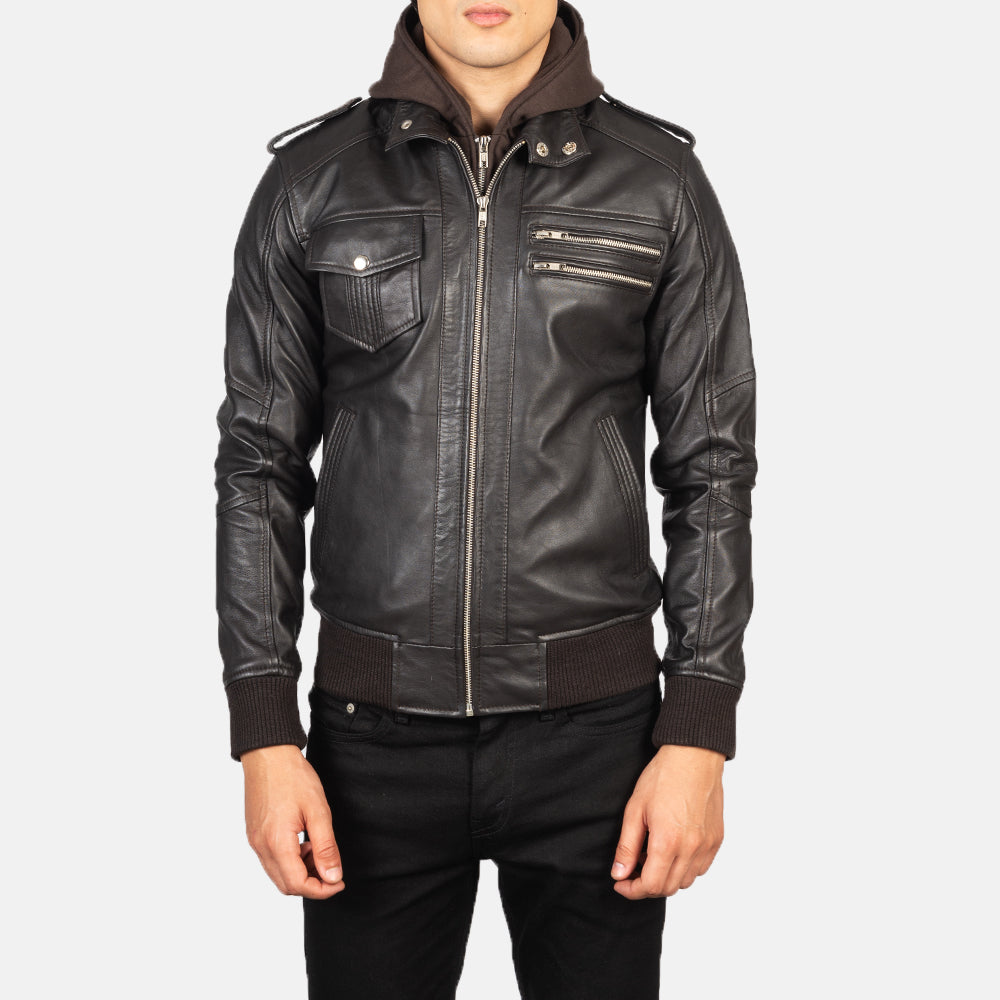 Bravado Brown Hooded Leather Bomber Jacket - Image 3