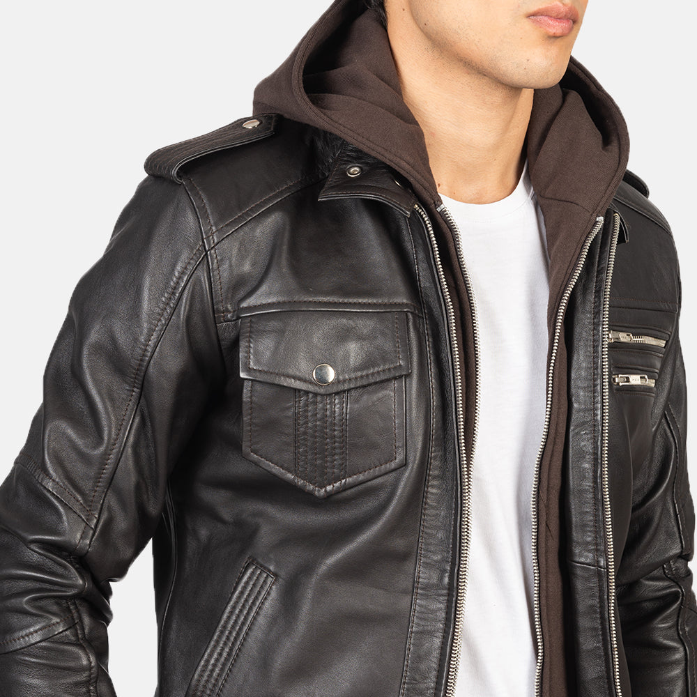 Bravado Brown Hooded Leather Bomber Jacket - Image 6