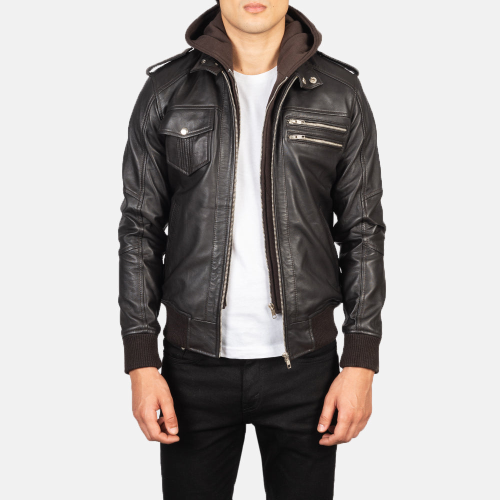 Bravado Brown Hooded Leather Bomber Jacket - Image 4