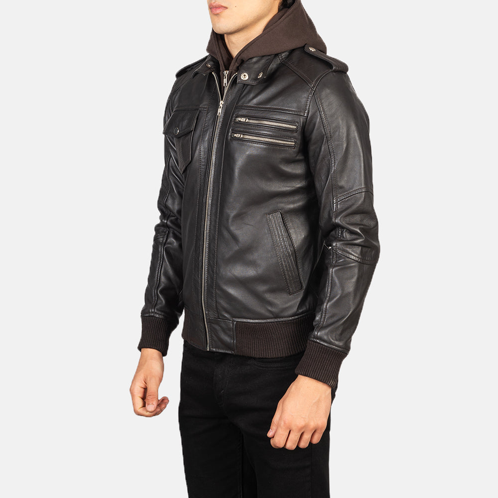 Bravado Brown Hooded Leather Bomber Jacket - Image 5