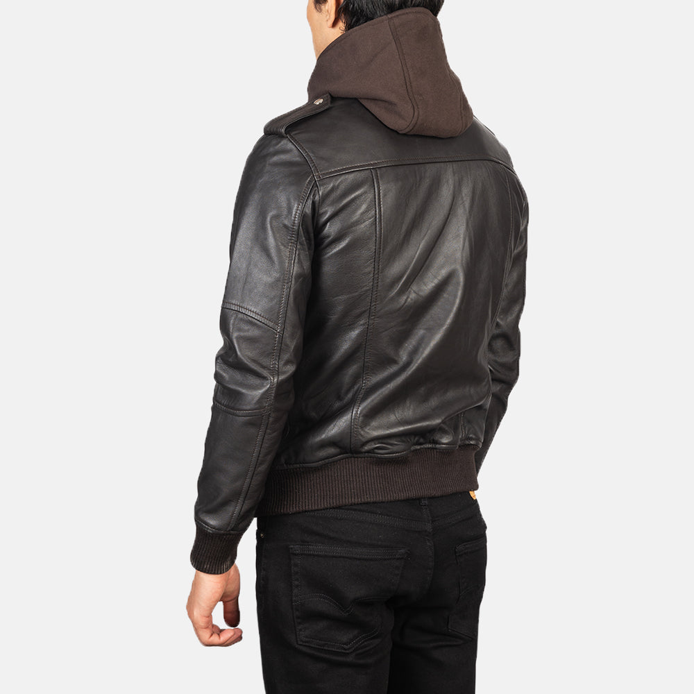 Bravado Brown Hooded Leather Bomber Jacket - Image 7