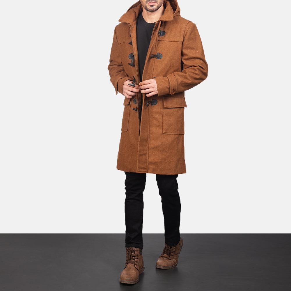 Drake Khaki Wool Hooded Duffle Coat - Image 3