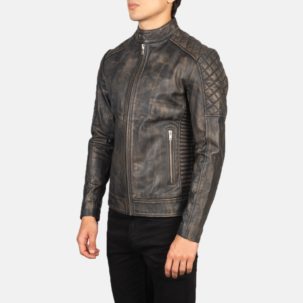 Fernando Quilted Distressed Brown Leather Biker Jacket - Image 3