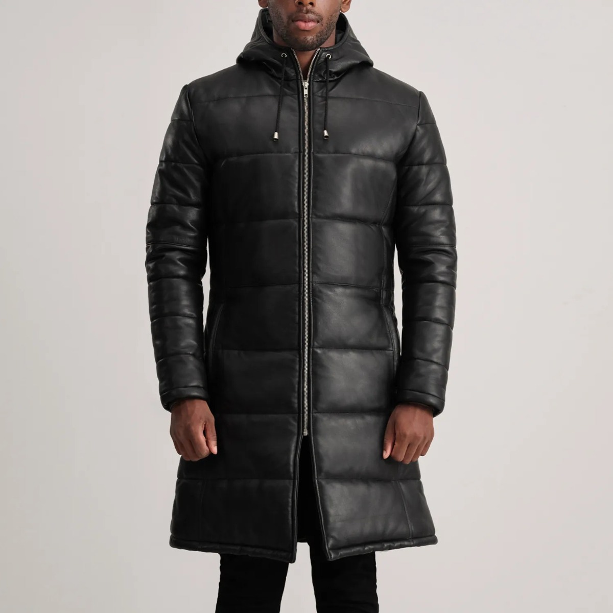 Floyd Black Hooded Leather Puffer Coats - Image 5