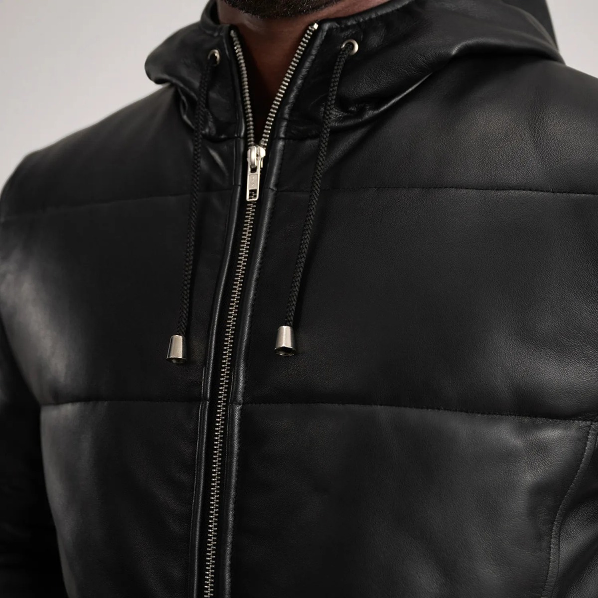 Floyd Black Hooded Leather Puffer Coats - Image 7