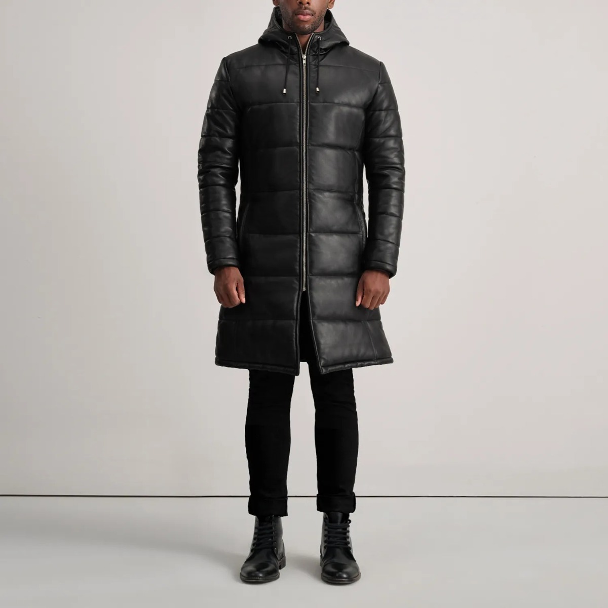 Floyd Black Hooded Leather Puffer Coats - Image 3
