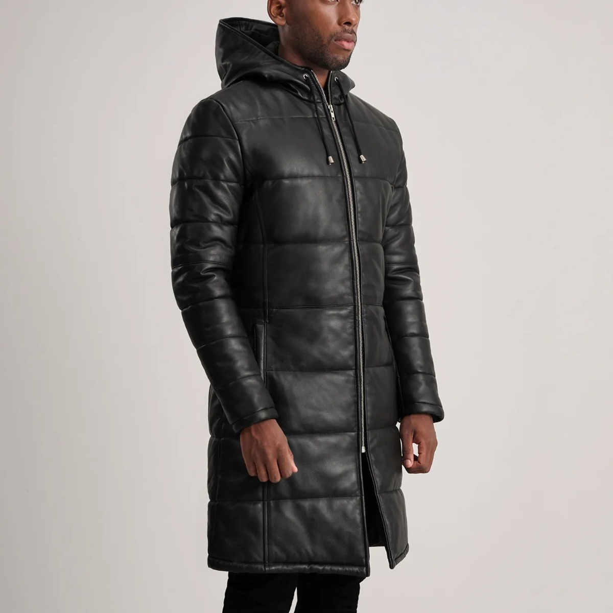 Floyd Black Hooded Leather Puffer Coats - Image 6
