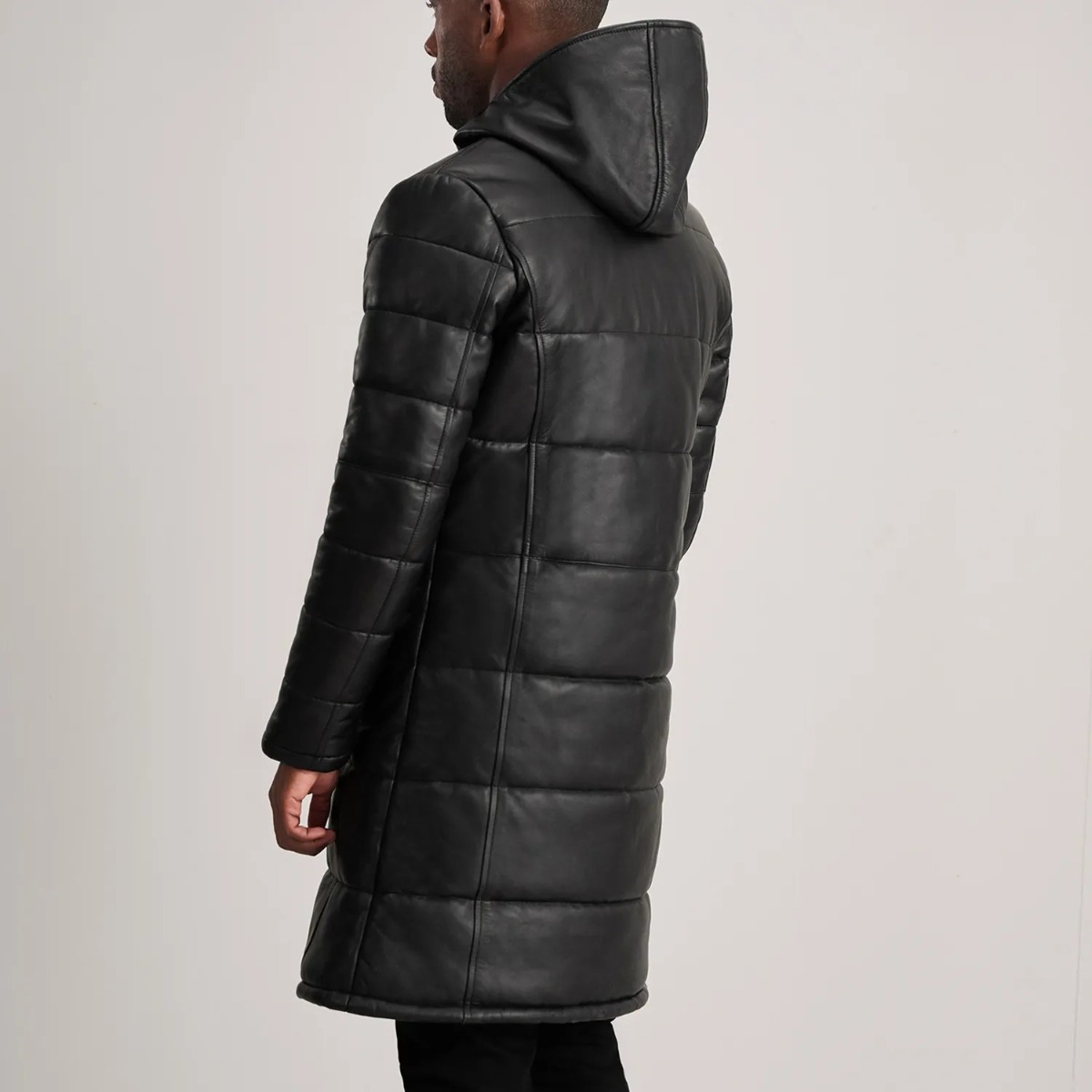 Floyd Black Hooded Leather Puffer Coats - Image 4