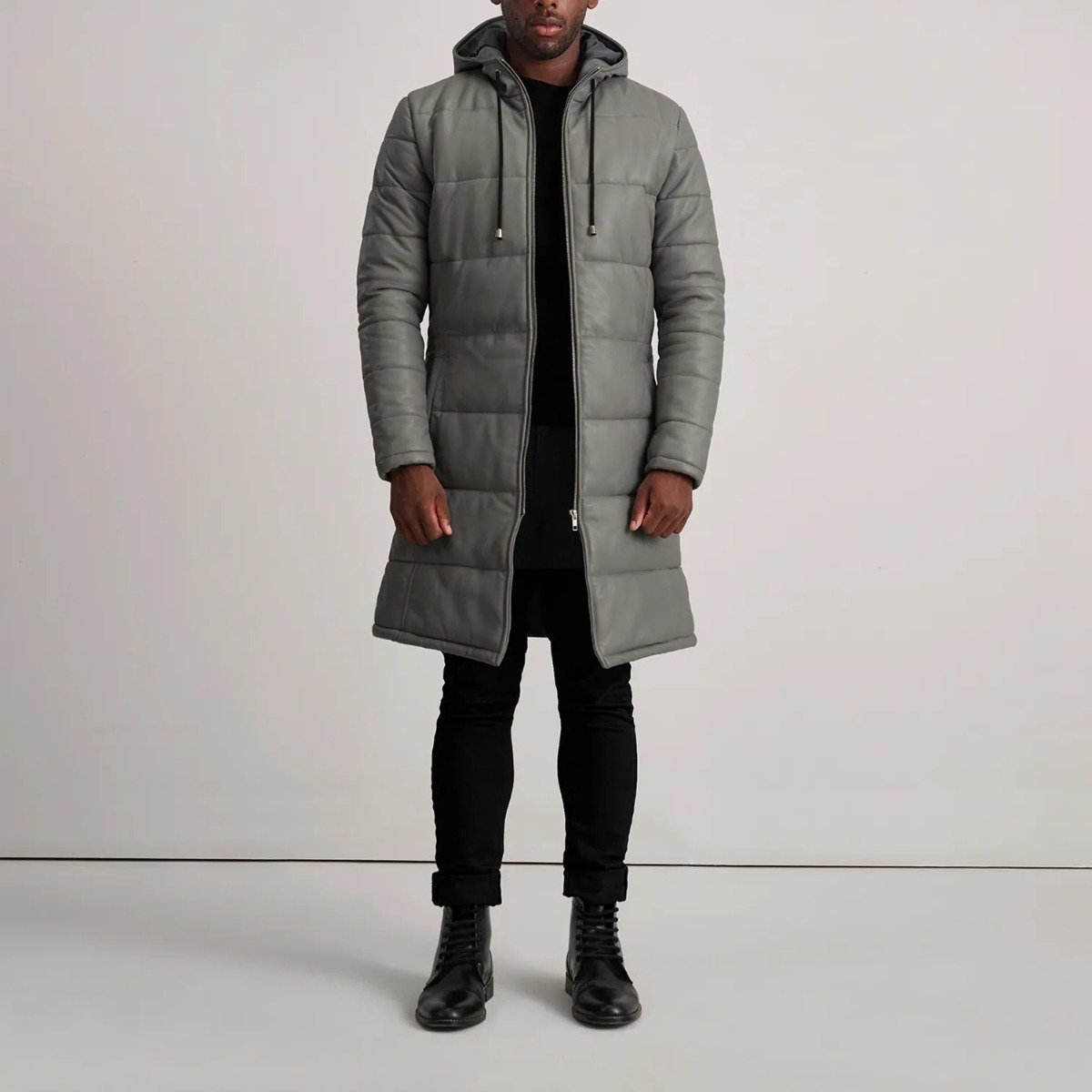 Floyd Grey Hooded Leather Puffer Coat - Image 3