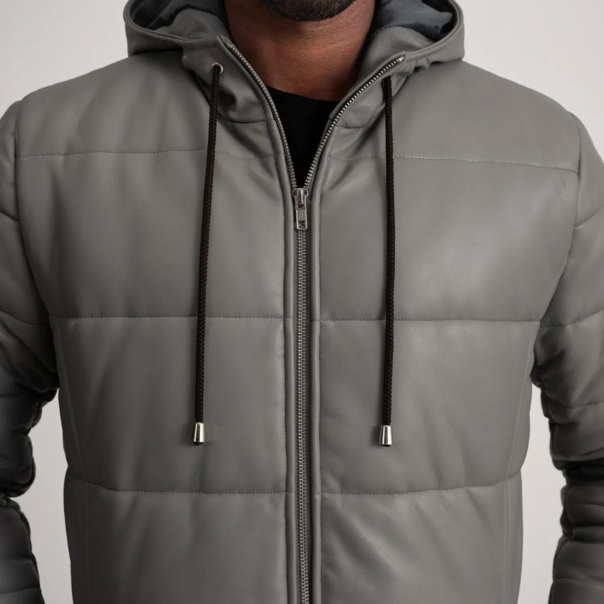 Floyd Grey Hooded Leather Puffer Coat - Image 4