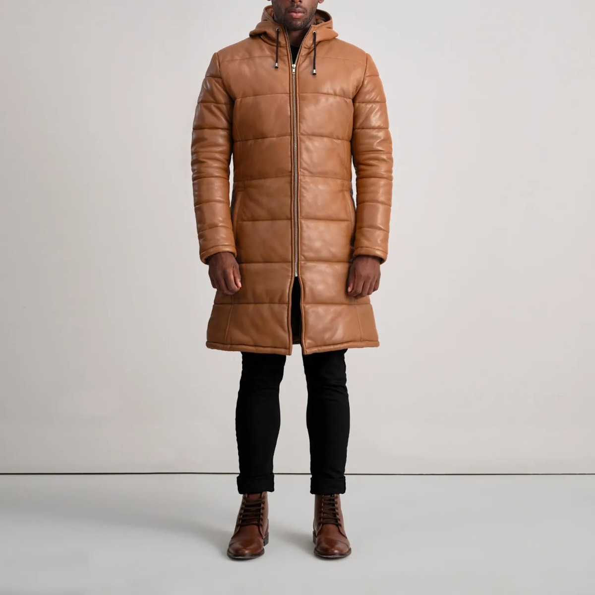 Floyd Tan Hooded Leather Puffer Coats - Image 3