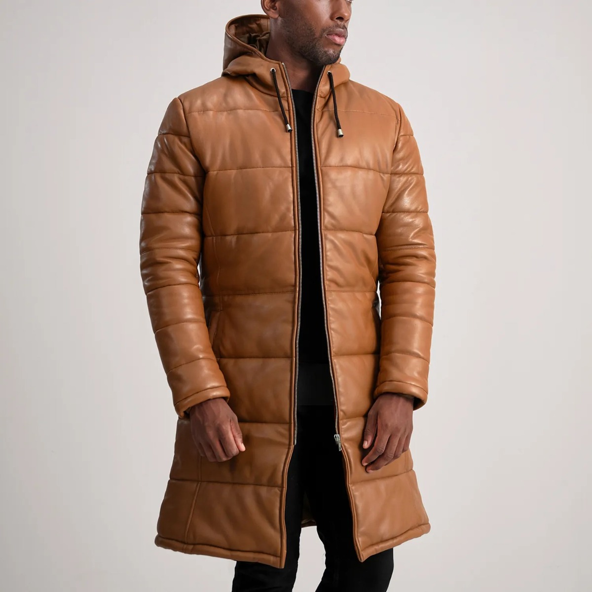 Floyd Tan Hooded Leather Puffer Coats