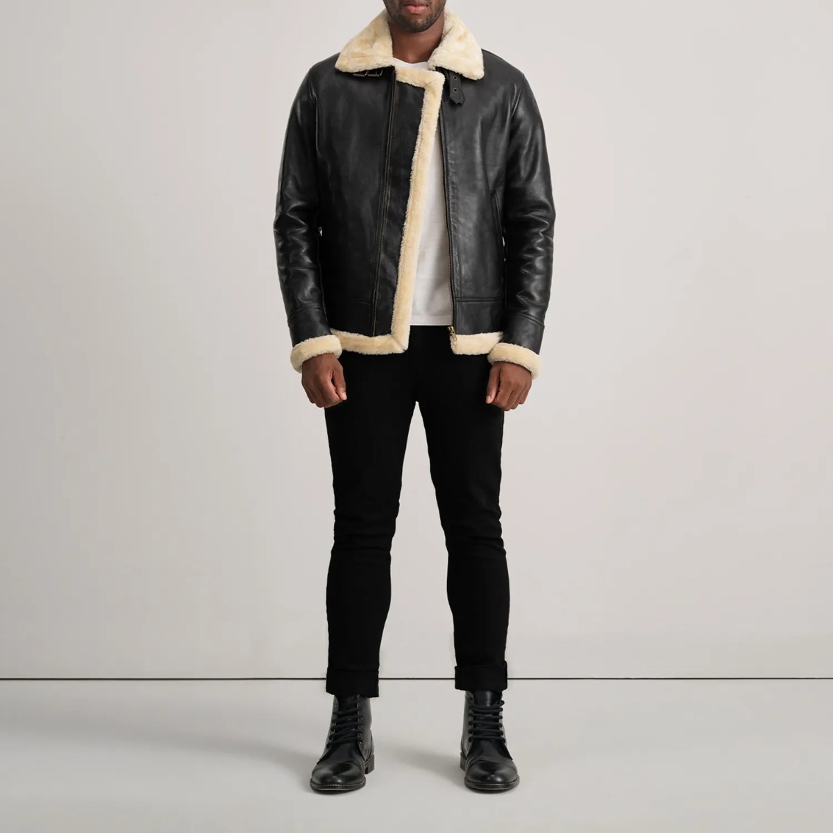 Francis B-3 Black & Cream Leather Bomber Jacket - Image 3