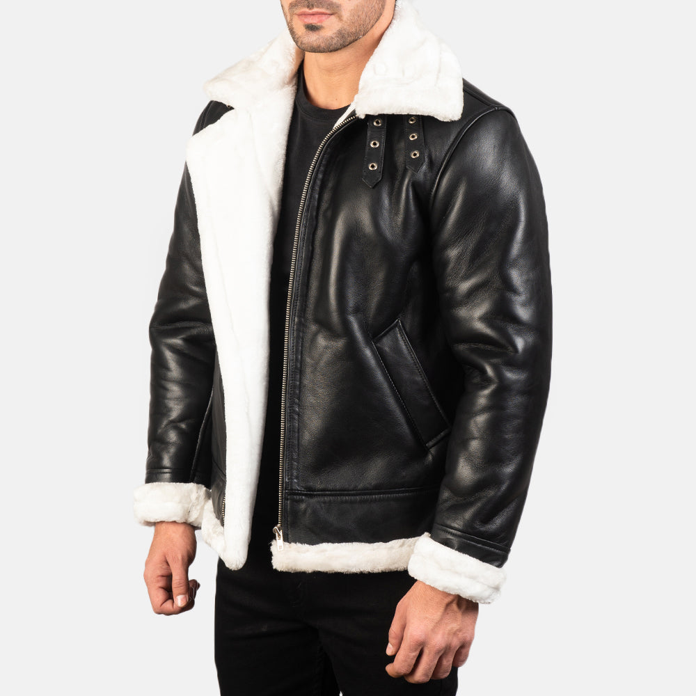 Francis B-3 Black & White Leather Bomber Jacket - Image 4