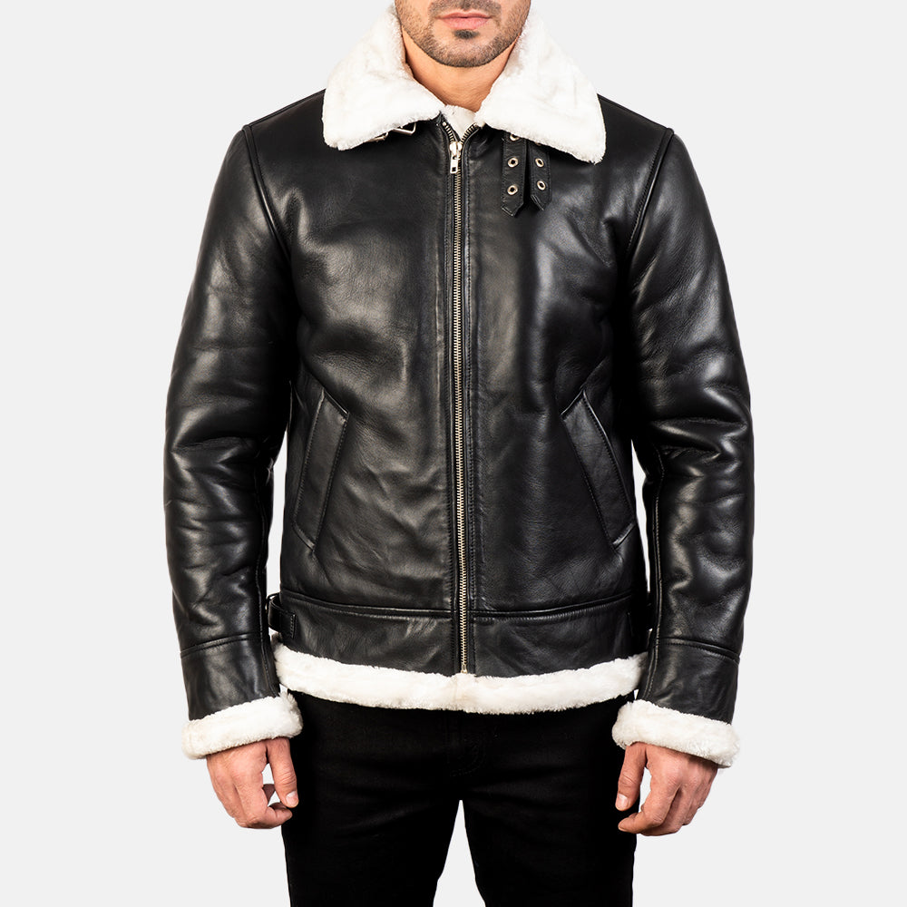 Francis B-3 Black & White Leather Bomber Jacket - Image 5