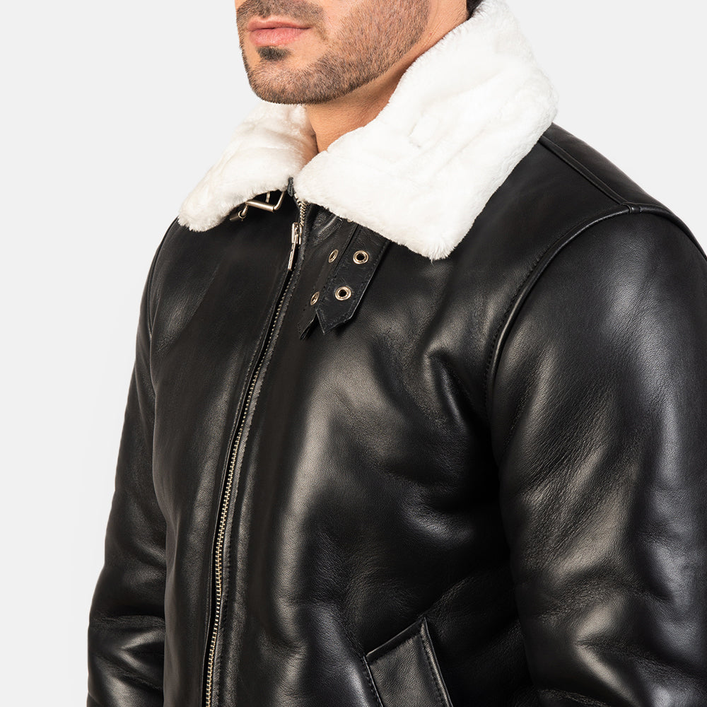 Francis B-3 Black & White Leather Bomber Jacket - Image 6