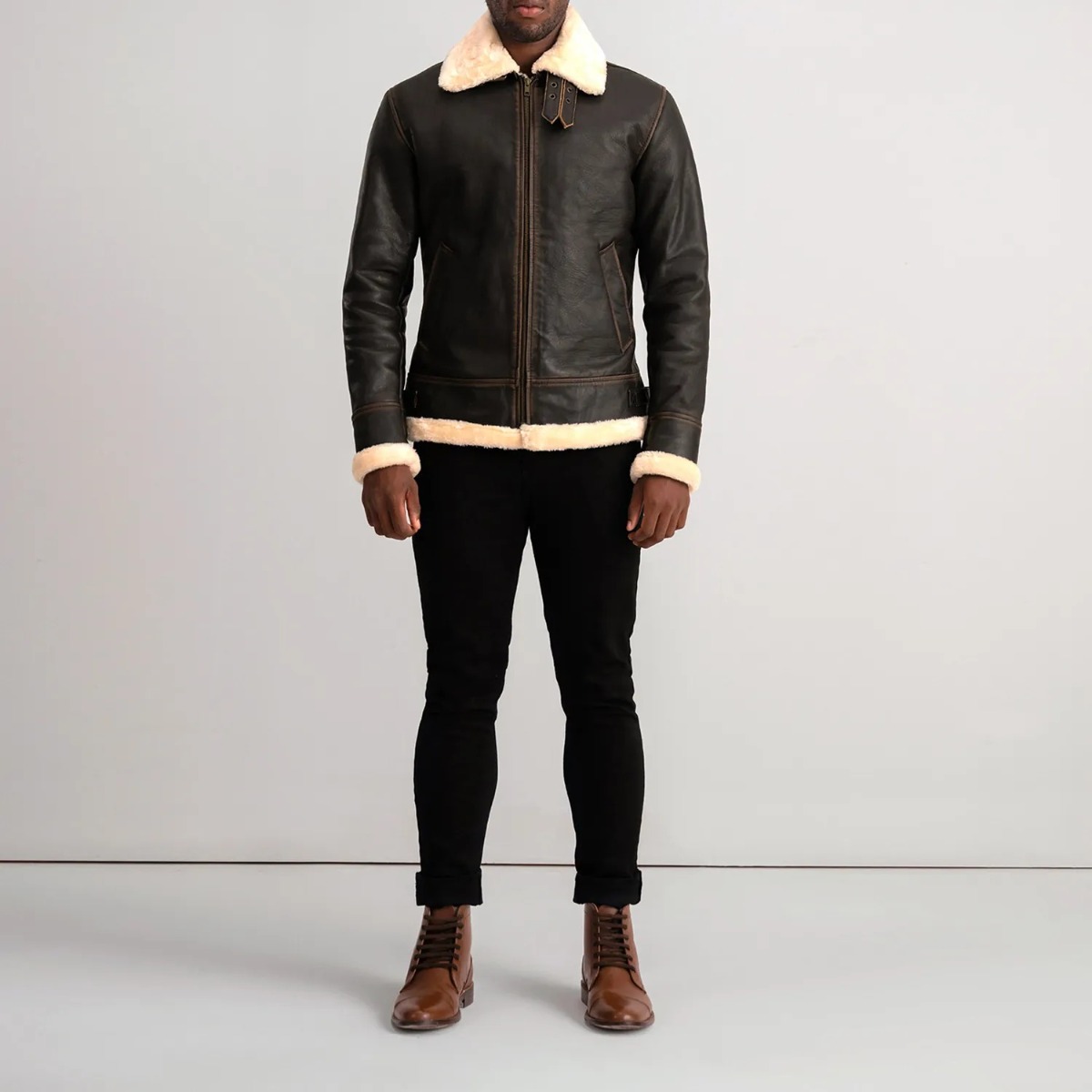 Francis B-3 Brown & Cream Leather Bomber Jacket - Image 3