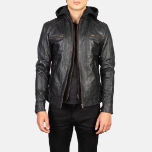 Hector Black Hooded Leather Biker Jackets