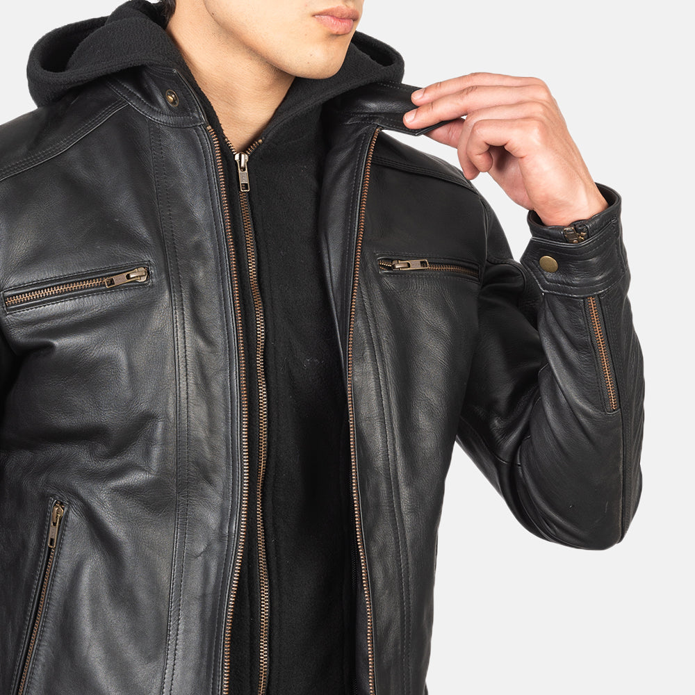 Hector Black Hooded Leather Biker Jackets - Image 5