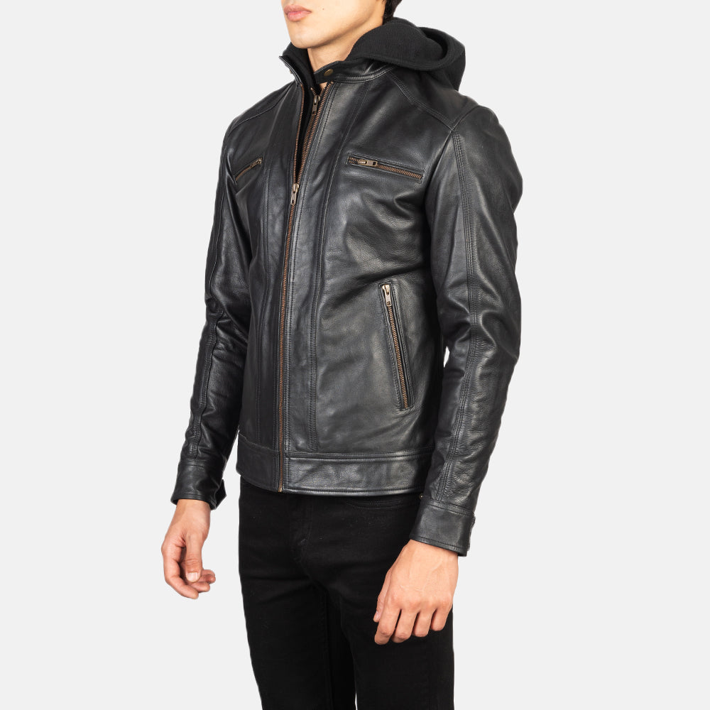 Hector Black Hooded Leather Biker Jackets - Image 4
