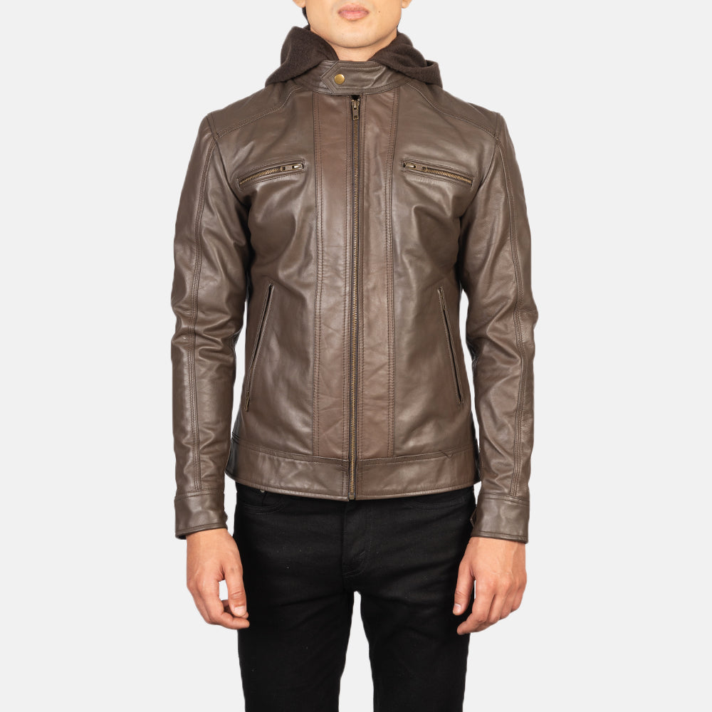 Hector Brown Hooded Leather Biker Jackets - Image 4
