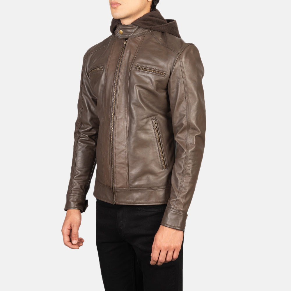 Hector Brown Hooded Leather Biker Jackets - Image 3