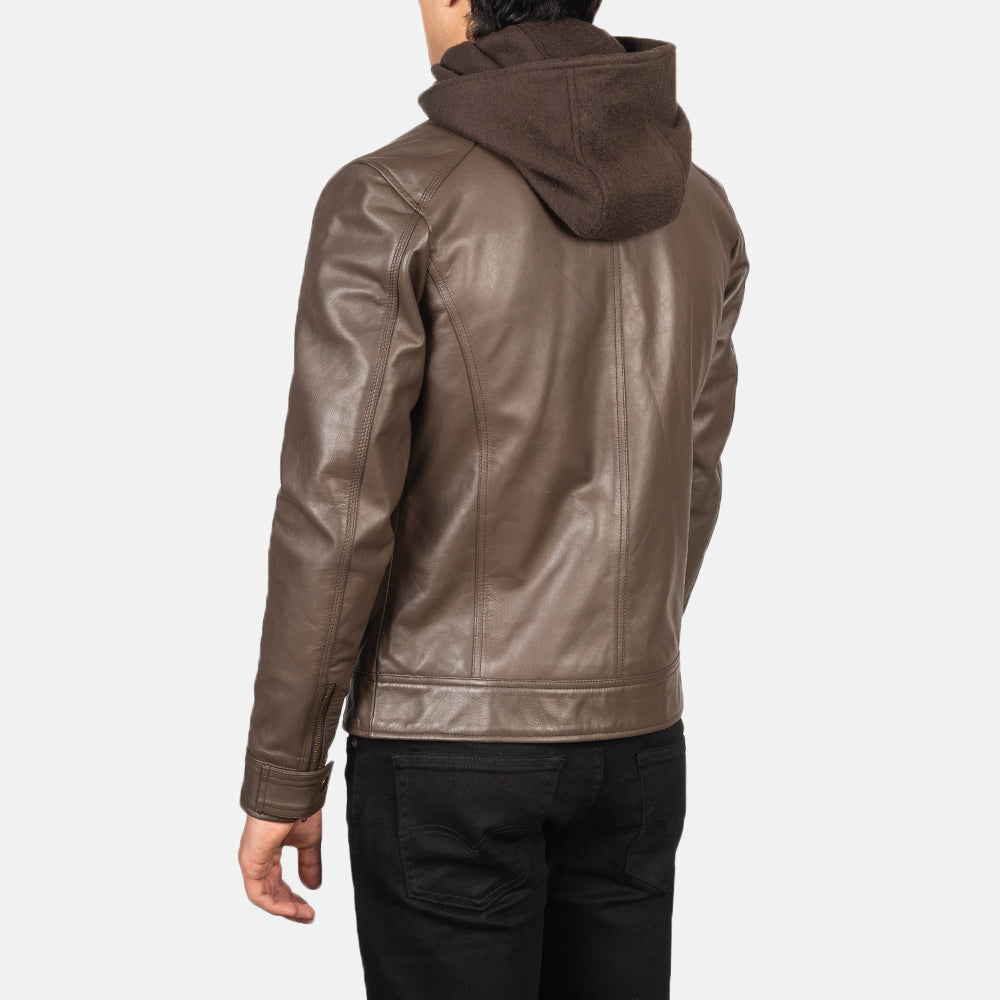 Hector Brown Hooded Leather Biker Jackets - Image 5