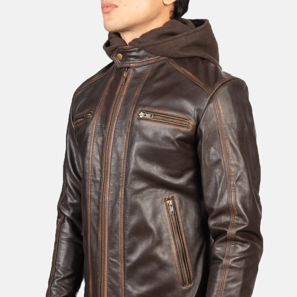 Hector Vintage Brown Hooded Leather Biker Jackets - Image 5