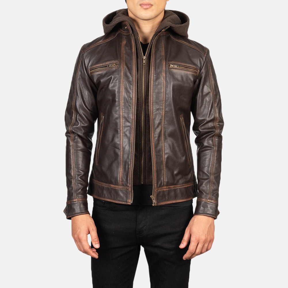 Hector Vintage Brown Hooded Leather Biker Jackets