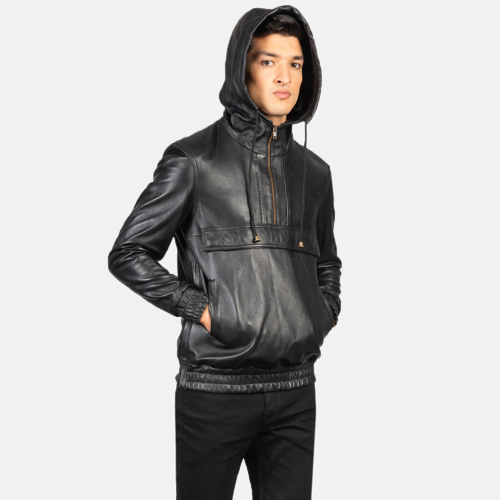 Kenton Hooded Black Leather Pullover Jackets - Image 4