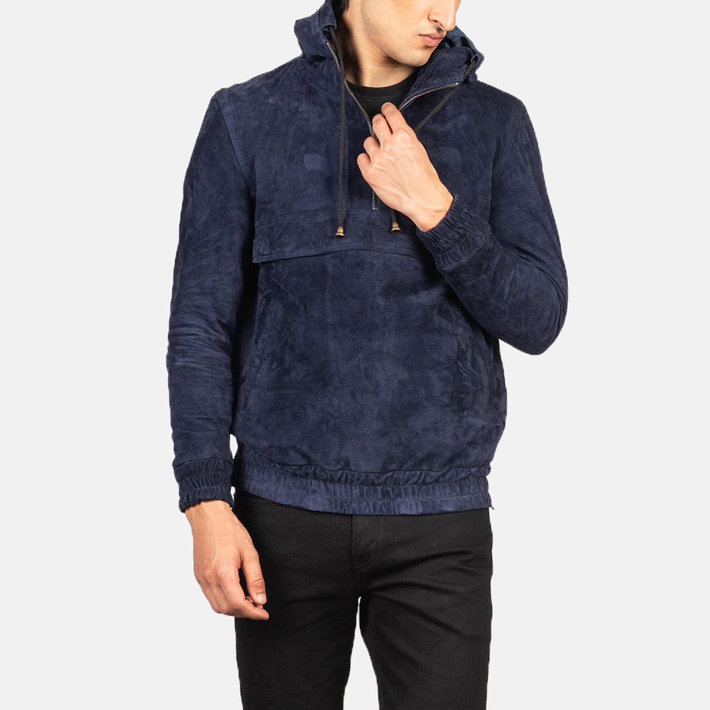 Kenton Hooded Blue Suede Pullover Jacket - Image 3