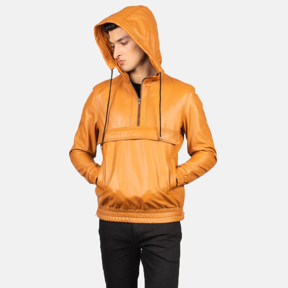 Kenton Hooded Brown Leather Pullover Jackets - Image 3