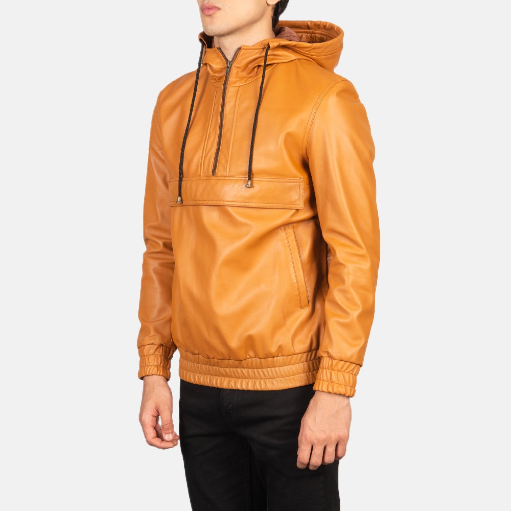 Kenton Hooded Brown Leather Pullover Jackets - Image 4