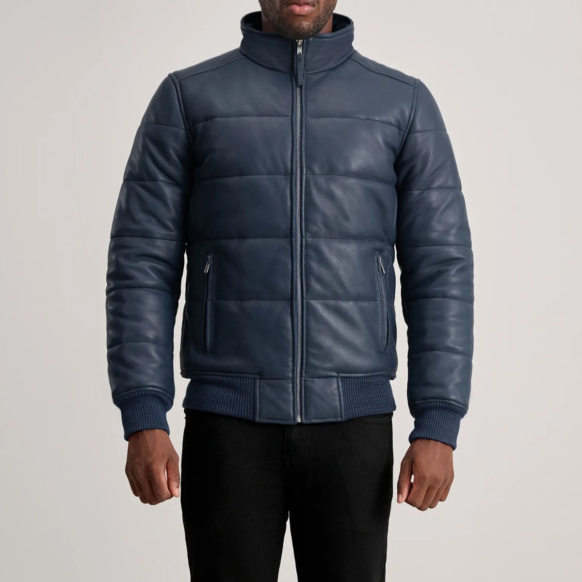 Lucas Blue Leather Puffer Bomber Jacket - Image 4