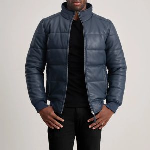 Lucas Blue Leather Puffer Bomber Jacket