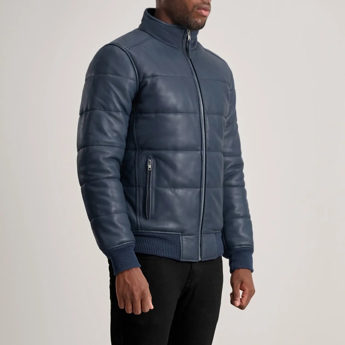 Lucas Blue Leather Puffer Bomber Jacket - Image 7