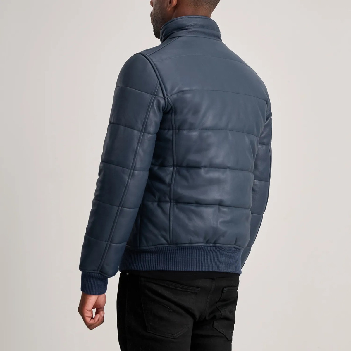 Lucas Blue Leather Puffer Bomber Jacket - Image 6