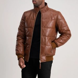 Lucas Tan Leather Puffer Bomber Jacket