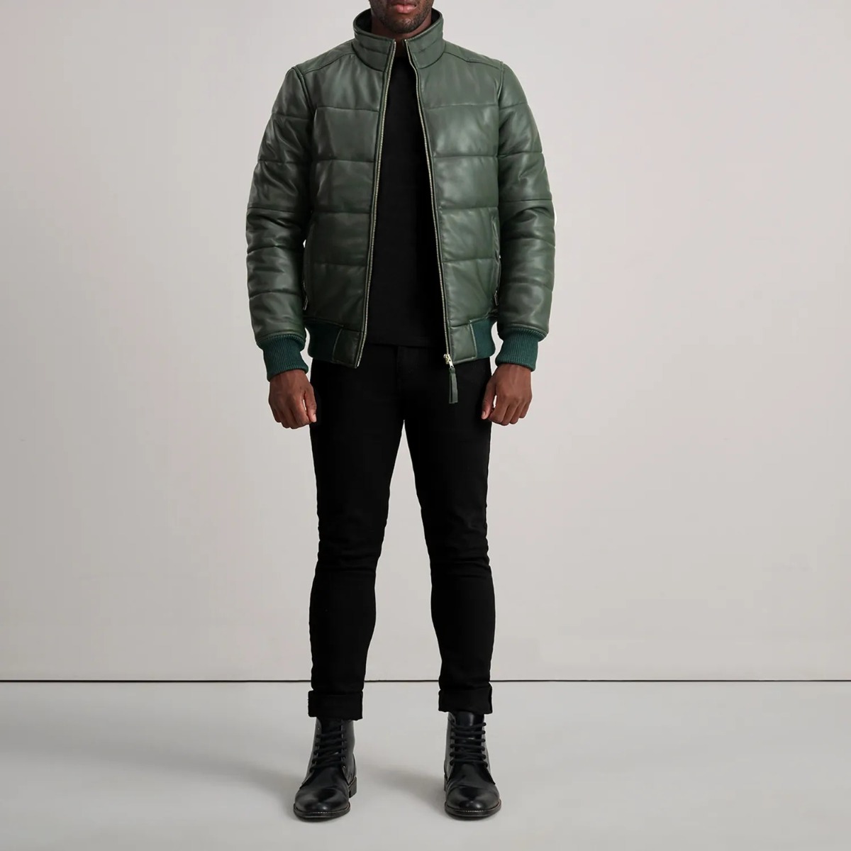 Lucas Green Leather Puffer Bomber Jacket - Image 3