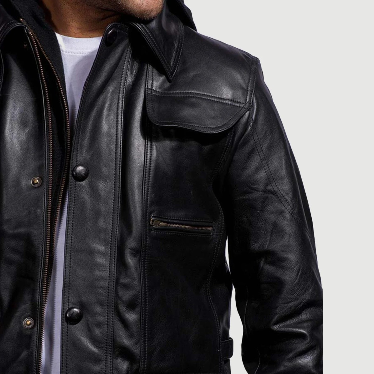 Moulder Hooded Black Leather Jacket - Image 5