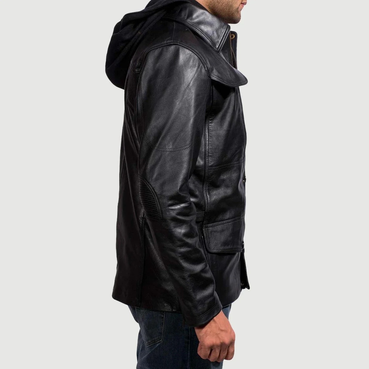 Moulder Hooded Black Leather Jacket - Image 2