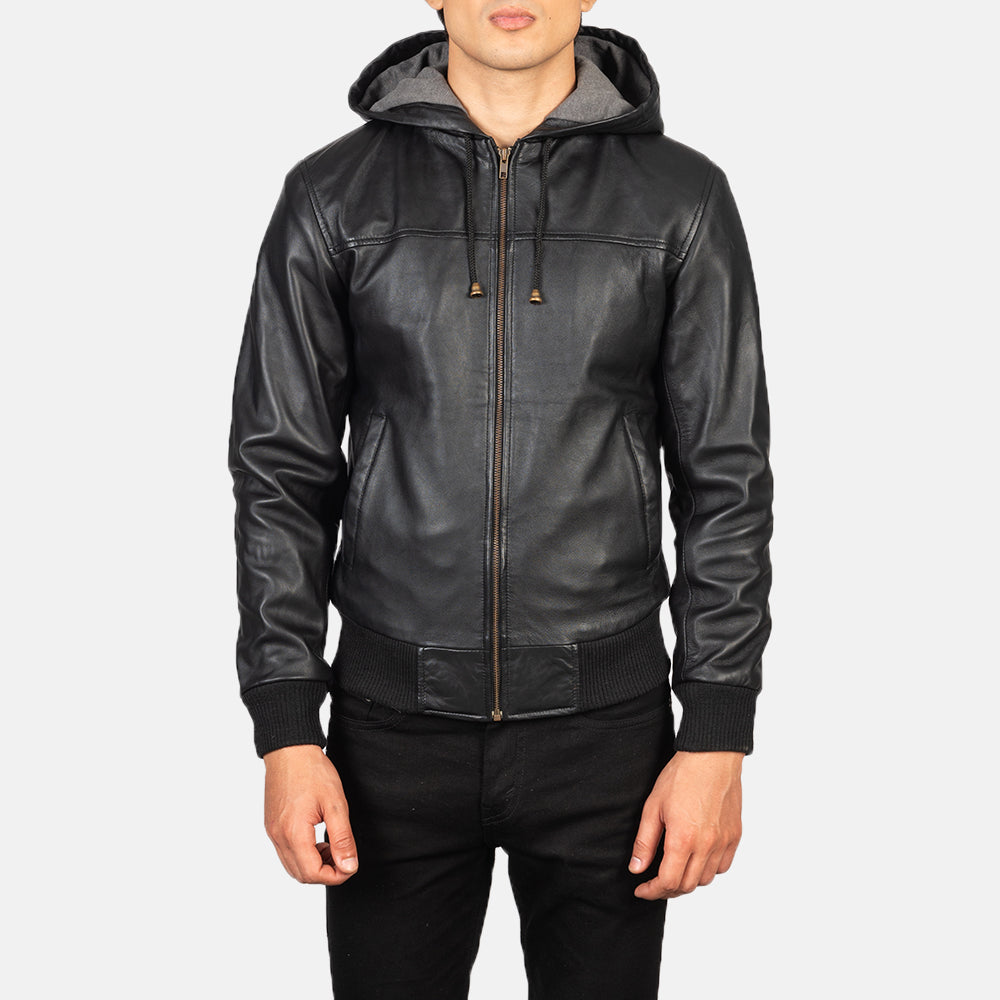 Nintenzo Black Hooded Leather Bomber Jackets - Image 6