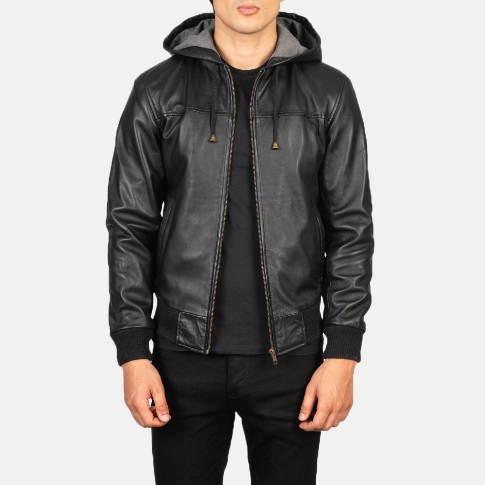Nintenzo Black Hooded Leather Bomber Jackets - Image 2