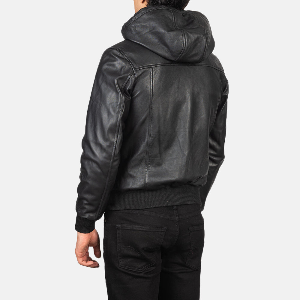Nintenzo Black Hooded Leather Bomber Jackets - Image 5
