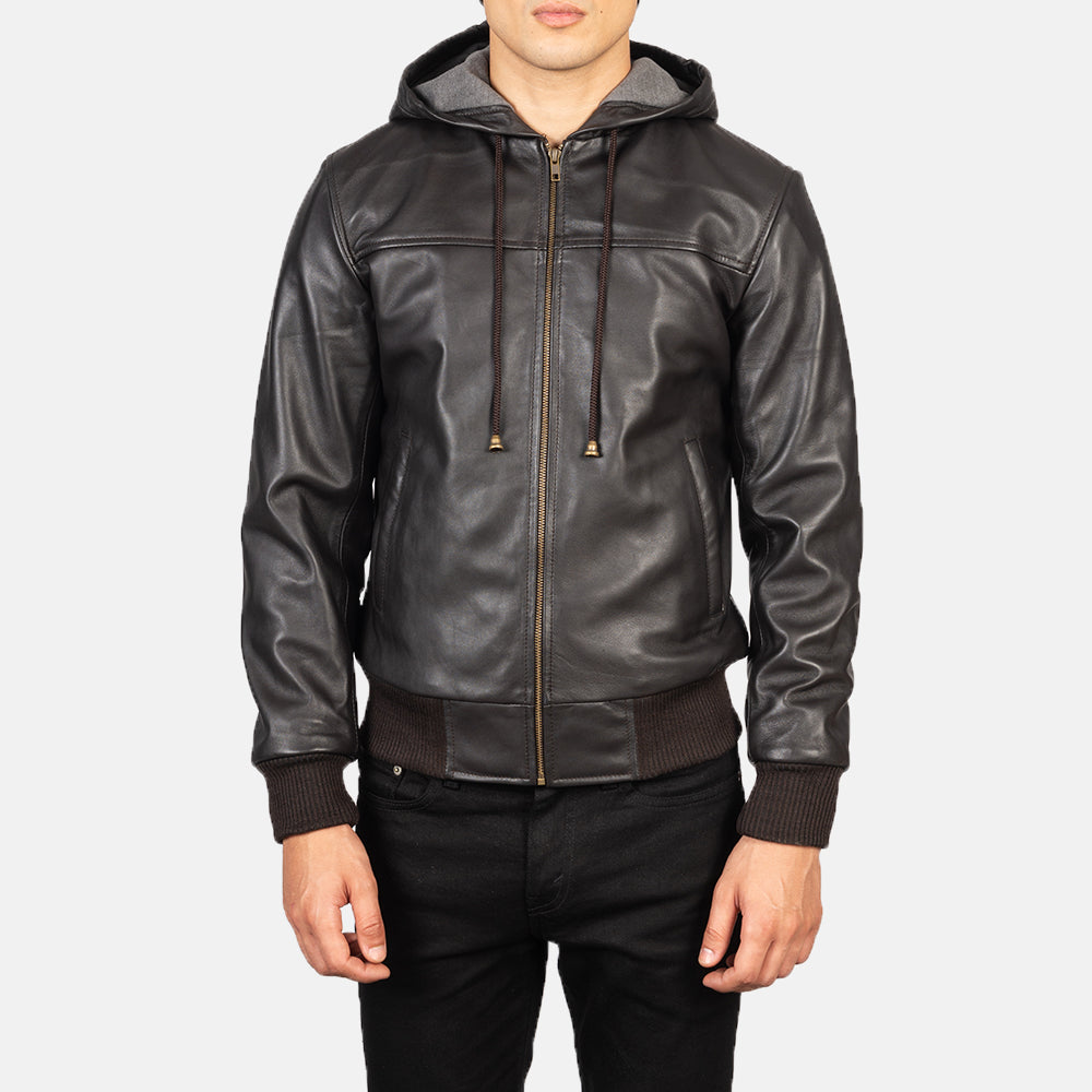 Nintenzo Brown Hooded Leather Bomber Jackets - Image 4