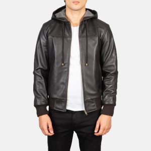 Nintenzo Brown Hooded Leather Bomber Jackets